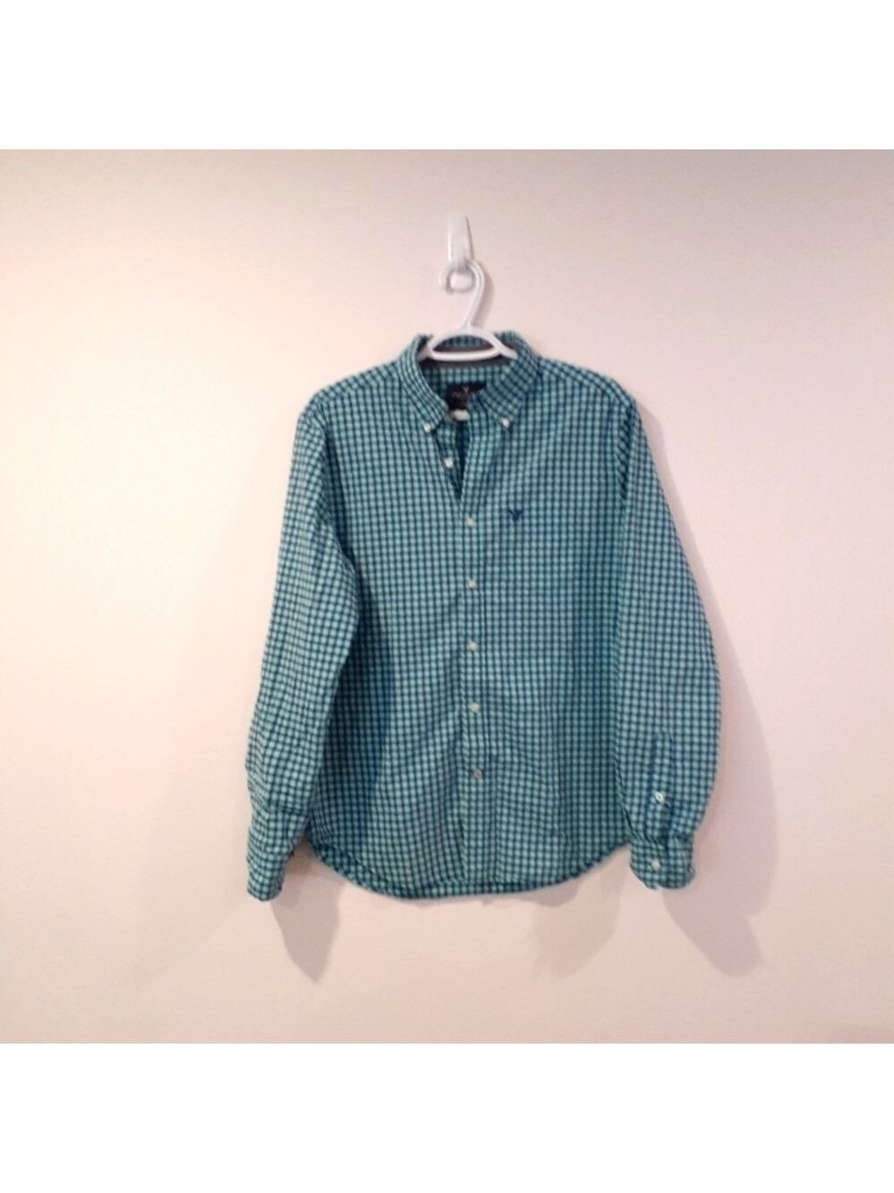 American Eagle Men's Teal Navy Button Front Shirt Large